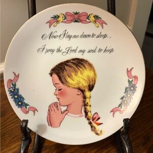 Vintage MCM Decorative Prayer Plate with Girl Illustration made in Japan